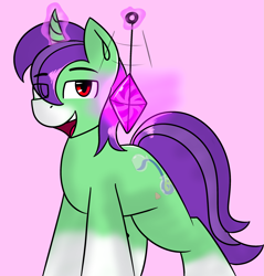 Size: 2331x2438 | Tagged: safe, artist:askhypnoswirl, oc, oc only, oc:crescent star, crystal pony, crystal unicorn, pony, unicorn, commission, crystal, high res, hypnosis, looking at you, offscreen character, open mouth, pov, smiling, submissive pov