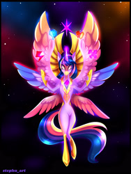 Size: 2100x2800 | Tagged: safe, artist:derpsonhooves, twilight sparkle, alicorn, pony, seraph, seraphicorn, g4, belly, colored wings, concave belly, digital art, element of generosity, element of honesty, element of kindness, element of laughter, element of loyalty, element of magic, elements of harmony, female, glowing eyes, gradient wings, high res, hoof shoes, mare, multicolored wings, multiple wings, peytral, princess shoes, rainbow wings, slender, solo, thin, twilight sparkle (alicorn), ultimate twilight, wings