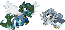 Size: 5156x2430 | Tagged: safe, artist:smilesupsidedown, oc, oc only, alicorn, pony, alicorn oc, duo, ear piercing, earring, eyelashes, female, flying, hoof shoes, horn, jewelry, looking back, mare, peytral, piercing, simple background, smiling, tattoo, transparent background, wings