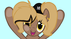 Size: 800x448 | Tagged: safe, artist:rochelle2014, oc, oc only, oc:rochelle, earth pony, pony, against glass, base used, bust, ear piercing, earring, earth pony oc, eyelashes, female, glass, hat, jewelry, mare, open mouth, piercing, scary, smiling, solo