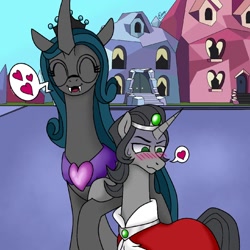 Size: 1080x1080 | Tagged: safe, alternate version, artist:d00tnibba, artist:razzy, king sombra, queen chrysalis, changeling, changeling queen, pony, unicorn, g4, blushing, cape, clothes, cute, cutealis, eyes closed, female, heart, jewelry, larger female, male, mare, mirror universe, pictogram, reformed sombra, regalia, reversalis, ship:chrysombra, shipping, size difference, smaller male, smiling, speech bubble, stallion, straight