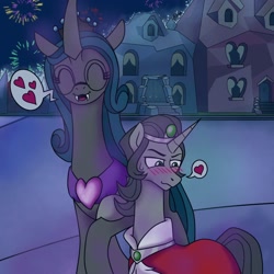 Size: 2000x2000 | Tagged: safe, alternate version, artist:d00tnibba, artist:razzy, king sombra, queen chrysalis, changeling, changeling queen, pony, unicorn, g4, blushing, cape, clothes, eyes closed, female, heart, high res, jewelry, larger female, male, mare, mirror universe, night, pictogram, reformed sombra, regalia, reversalis, ship:chrysombra, shipping, size difference, smaller male, smiling, speech bubble, stallion, straight