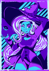 Size: 4200x6000 | Tagged: safe, artist:poxy_boxy, trixie, equestria girls, g4, absurd resolution, arm behind head, breasts, busty trixie, hand, hat, levitation, limited palette, looking at you, magic, one eye closed, solo, telekinesis, thick, thighs, wink, winking at you