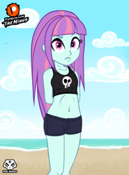 Size: 1920x2600 | Tagged: safe, artist:theminus, sunny flare, human, equestria girls, g4, alternate hairstyle, beach, belly button, clothes, cloud, female, frown, high res, midriff, show accurate, sky, solo, swimsuit, tankini, younger