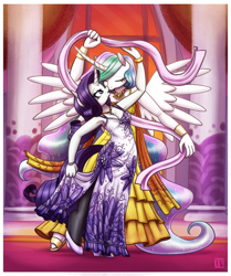 Size: 2400x2865 | Tagged: safe, artist:king-kakapo, princess celestia, rarity, alicorn, unicorn, anthro, unguligrade anthro, breasts, cleavage, clothes, dancing, dress, duo, female, high heels, high res, kissing, lesbian, rarilestia, shipping, shoes