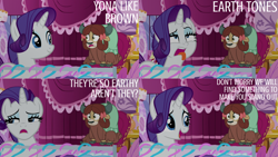 Size: 1280x720 | Tagged: safe, edit, edited screencap, editor:quoterific, screencap, rarity, yona, pony, unicorn, yak, g4, season 9, she's all yak, carousel boutique, duo, duo female, female, mare, open mouth, tongue out