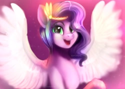 Size: 1680x1196 | Tagged: safe, artist:demonichybrid01, pipp petals, pegasus, pony, g5, adorapipp, cute, female, gradient background, happy, headband, looking at you, mare, open mouth, open smile, raised hoof, smiling, solo, spread wings, wings
