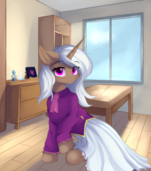 Size: 1060x1200 | Tagged: safe, artist:lunar froxy, oc, oc only, pony, unicorn, book, clothes, dress, ear fluff, eye, eyes, female, floating eyebrows, hooves, horn, looking at you, mane, mare, room, sitting, smiling, solo, table, unicorn oc, window, wooden floor