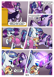 Size: 2100x3000 | Tagged: safe, artist:loryska, rarity, twilight sparkle, oc, oc:autumn glory, alicorn, pony, comic:friendship grows, g4, baby, baby carrier, baby pony, high res, horn, horns are touching, leonine tail, magic, magical lesbian spawn, offspring, parent:applejack, parent:rarity, parents:rarijack, tongue out, twilight sparkle (alicorn)