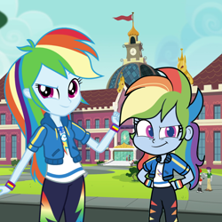 Size: 1080x1080 | Tagged: safe, artist:saltymango, edit, rainbow dash, equestria girls, g4, g4.5, my little pony equestria girls: better together, my little pony: pony life, canterlot high, clothes, eqg promo pose set, g4.5 to equestria girls, geode of super speed, hoodie, jacket, magical geodes, pants