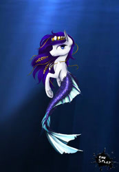 Size: 450x650 | Tagged: safe, artist:akorn-png, oc, oc only, mermaid, merpony, blue eyes, blue mane, colored pupils, dorsal fin, eyelashes, fish tail, flowing mane, jewelry, ocean, regalia, solo, swimming, tail, underwater, water