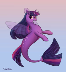 Size: 1191x1293 | Tagged: safe, artist:calamitygavel, twilight sparkle, alicorn, pony, seapony (g4), g4, dorsal fin, female, fin wings, fish tail, flowing mane, horn, looking at you, open mouth, seaponified, seapony twilight, simple background, solo, species swap, tail, twilight sparkle (alicorn), wings