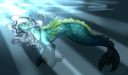 Size: 3198x1876 | Tagged: safe, artist:rockielel, oc, oc only, hybrid, merpony, blue eyes, bubble, crepuscular rays, female, fins, fish tail, flowing mane, ocean, signature, solo, sunlight, swimming, tail, underwater, water, wings