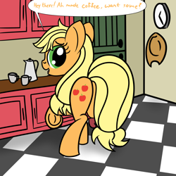 Size: 2000x2000 | Tagged: safe, artist:dafiltafish, applejack, earth pony, pony, g4, applebutt, applejack's hat, butt, coffee, cowboy hat, frog (hoof), hat, hatless, high res, kitchen, looking at you, looking back, looking back at you, missing accessory, plot, solo, underhoof