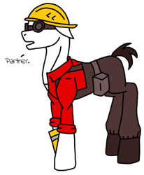 Size: 588x715 | Tagged: safe, artist:agdapl, earth pony, pony, bag, crossover, engineer, engineer (tf2), goggles, helmet, male, ponified, saddle bag, simple background, solo, species swap, stallion, talking, team fortress 2, transparent background
