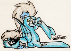 Size: 2107x1516 | Tagged: safe, artist:beamybutt, oc, oc only, pegasus, pony, eyelashes, face down ass up, female, mare, pegasus oc, signature, solo, traditional art, wings