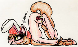 Size: 2117x1284 | Tagged: safe, artist:beamybutt, oc, oc only, earth pony, pony, bunny ears, earth pony oc, eyelashes, face down ass up, female, signature, solo, traditional art