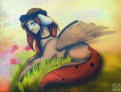 Size: 1242x951 | Tagged: safe, alternate version, artist:stumpeg, oc, oc only, pegasus, pony, choker, colored, floral head wreath, flower, lying down, outdoors, pegasus oc, prone, solo, wings