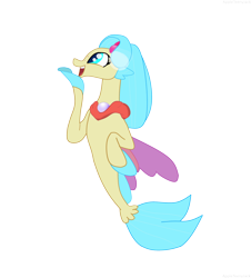 Size: 2128x2359 | Tagged: safe, artist:appleteenyjack, princess skystar, seapony (g4), g4, my little pony: the movie, blue eyes, blue mane, dorsal fin, female, fin wings, fins, fish tail, flower, flower in hair, high res, jewelry, looking up, necklace, open mouth, pearl necklace, smiling, solo, tail, wings