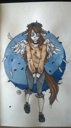 Size: 749x1334 | Tagged: safe, artist:stumpeg, oc, oc only, pegasus, anthro, clothes, floral head wreath, flower, pants, pegasus oc, solo, traditional art, wings