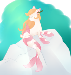 Size: 1800x1884 | Tagged: safe, artist:cookiegirl101, oc, oc only, merpony, seapony (g4), adoptable, crepuscular rays, eyes closed, female, fins, fish tail, flowing mane, jewelry, necklace, ocean, orange mane, pearl necklace, rock, seashell, simple background, sitting, smiling, solo, sunlight, tail, underwater, water