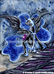 Size: 611x838 | Tagged: safe, artist:mana-kyusai, nightmare moon, alicorn, pony, g4, blue mane, colored pupils, ethereal mane, female, flowing mane, flowing tail, hoof shoes, horn, looking at you, night, signature, solo, spread wings, starry mane, stars, watermark, wings