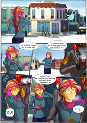 Size: 4961x7016 | Tagged: safe, artist:symptom99, sunset shimmer, oc, oc:eternal flames, comic:a heartbreaking reunion, equestria girls, g4, absurd resolution, canon x oc, clothes, comic, commission, dialogue, faceless male, female, happy, implied flash sentry, male, offscreen character, snow, sunseternal, winter, winter outfit