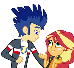 Size: 1280x1165 | Tagged: safe, artist:brightstar40k, flash sentry, sunset shimmer, equestria girls, g4, blush sticker, blushing, duo, female, grin, looking at each other, male, ship:flashimmer, shipping, simple background, smiling, smiling at each other, straight, vector, white background