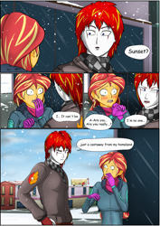 Size: 4961x7016 | Tagged: safe, artist:symptom99, sunset shimmer, oc, oc:eternal flames, comic:a heartbreaking reunion, equestria girls, g4, absurd resolution, blushing, canon x oc, clothes, clown, comic, commission, crying, dialogue, female, male, serious, sunseternal