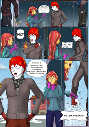 Size: 3541x5016 | Tagged: safe, artist:symptom99, sunset shimmer, oc, oc:eternal flames, comic:a heartbreaking reunion, equestria girls, g4, absurd resolution, angry, canon x oc, clothes, clown, comic, commission, crying, dialogue, female, jacket, male, sunseternal