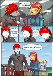 Size: 3541x5016 | Tagged: safe, artist:symptom99, sunset shimmer, oc, oc:eternal flames, comic:a heartbreaking reunion, equestria girls, g4, absurd resolution, canon x oc, clothes, clown, comic, commission, daaaaaaaaaaaw, dialogue, female, male, serious, sunseternal