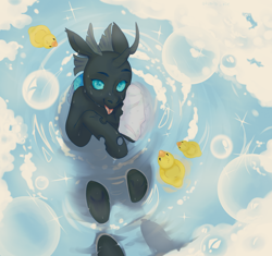 Size: 2340x2200 | Tagged: safe, artist:stupid_kley, oc, oc only, oc:tarsi, changeling, bubble bath, changeling oc, commission, high res, rubber duck, solo, tongue out, towel, water, ych result