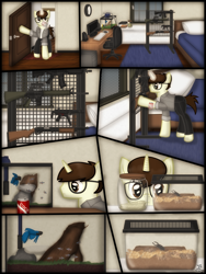 Size: 1750x2333 | Tagged: safe, artist:99999999000, oc, oc only, oc:cwe, beetle, fish, insect, pony, stag beetle, unicorn, comic:visit, aquarium, ar-15, assault rifle, bed, bedroom, clock, clothes, comic, computer, door, gun, male, mp5, rifle, room, shotgun, soda, solo, submachinegun, weapon