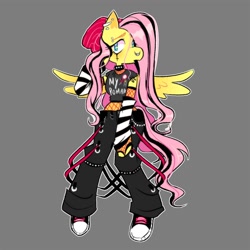 Size: 1500x1500 | Tagged: safe, artist:stevetwisp, fluttershy, pegasus, anthro, g4, arm warmers, beanie, choker, clothes, converse, ear piercing, earring, emoshy, fingerless gloves, fishnet stockings, gloves, gray background, hat, jewelry, my chemical romance, pants, piercing, pins, septum, shoes, simple background, sneakers, spiked choker, wings