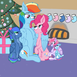 Size: 768x768 | Tagged: safe, artist:credencethedemon, pinkie pie, rainbow dash, oc, earth pony, pegasus, pony, g4, christmas, female, hearth's warming, holiday, lesbian, magical lesbian spawn, mare, offspring, parent:pinkie pie, parent:rainbow dash, parents:pinkiedash, ship:pinkiedash, shipping