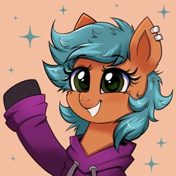 Size: 4000x4000 | Tagged: safe, artist:confetticakez, oc, oc only, pony, absurd resolution, clothes, ear piercing, earring, female, happy, hoodie, jewelry, mare, piercing, smiling, solo, sparkles, waving