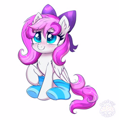 Size: 3682x3758 | Tagged: safe, artist:confetticakez, oc, oc only, pegasus, pony, blushing, bow, chest fluff, clothes, female, hair bow, heart, heart eyes, high res, mare, pegasus oc, smiling, socks, solo, wingding eyes