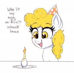 Size: 3000x2938 | Tagged: safe, artist:confetticakez, oc, oc only, oc:scrambles, pony, birthday, candle, dialogue, egg, female, happy, hat, high res, mare, party hat, smiling, solo