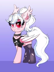Size: 3000x4000 | Tagged: safe, artist:confetticakez, oc, oc only, oc:cream puff, bat pony, pony, bat pony oc, blushing, choker, clothes, ear piercing, earring, high res, jewelry, looking at you, piercing, punk, shirt, smiling, solo, spiked choker, stockings, thigh highs, torn clothes