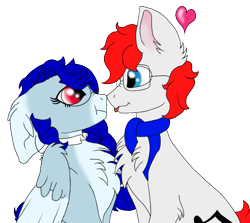 Size: 600x535 | Tagged: safe, artist:sajimex, oc, oc only, oc:apex soundwave, oc:hajime, earth pony, pegasus, pony, :p, boop, chest fluff, clothes, collar, earth pony oc, female, fluffy, glasses, heart, looking at each other, male, mare, oc x oc, pegasus oc, reference used, scarf, scrunchy face, shipping, simple background, smiling, stallion, straight, tongue out, transparent background