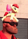 Size: 95x131 | Tagged: safe, artist:gizkafreechman, apple bloom, human, pony, g4, 3d, adorabloom, animated, applebetes, cropped, cute, engineer, engineer (tf2), gif, gif for breezies, gmod, goggles, picture for breezies, ponies riding humans, pony hat, riding, team fortress 2, too cute
