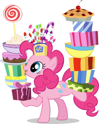 Size: 2280x2849 | Tagged: safe, earth pony, pony, g4, official, adventures in ponyville, balancing, bowl, box, cake, candy, candy cane, cherry pie (food), female, food, frosting, high res, lemon, lollipop, mare, pie, present, solo, sweets