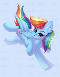 Size: 1224x1564 | Tagged: safe, artist:jennyberry, rainbow dash, pegasus, pony, g4, blue background, chest fluff, ear fluff, fluffy, leg fluff, open mouth, rainbow, simple background, solo
