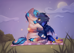 Size: 3508x2480 | Tagged: safe, artist:jennyberry, oc, oc only, pegasus, pony, unicorn, commission, high res, love, night, ych result