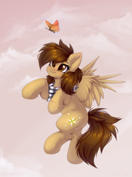 Size: 1650x2214 | Tagged: safe, artist:jennyberry, oc, oc only, butterfly, pegasus, pony, clothes, fluffy, scarf, smiling, solo