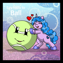 Size: 800x800 | Tagged: safe, alternate version, artist:x-fang-z, izzy moonbow, pony, unicorn, g5, ball, bipedal, cute, eyes closed, female, floating heart, heart, hug, izzy's tennis ball, izzybetes, living object, mare, open mouth, open smile, simple background, smiling, tennis ball, text, that pony sure does love tennis balls
