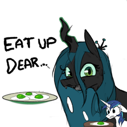 Size: 1800x1800 | Tagged: safe, artist:tjpones edits, edit, queen chrysalis, shining armor, changeling, changeling queen, pony, unicorn, g4, changeling egg, colored, egg (food), female, floppy ears, food, fried egg, green eggs, green eggs and ham, green eggs and no ham, infidelity, macro, male, ship:shining chrysalis, shipping, simple background, stallion, straight, white background, you have to eat all the eggs