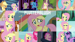 Size: 1280x721 | Tagged: safe, edit, edited screencap, editor:quoterific, screencap, angel bunny, applejack, fluttershy, pinkie pie, rainbow dash, twilight sparkle, alicorn, earth pony, pegasus, pony, castle mane-ia, filli vanilli, flutter brutter, g4, hurricane fluttershy, it ain't easy being breezies, keep calm and flutter on, scare master, season 1, season 2, season 4, season 6, season 9, she talks to angel, she's all yak, suited for success, the super speedy cider squeezy 6000, the ticket master, blushing, blushshy, cute, female, headband, shyabetes, twilight sparkle (alicorn)