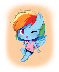 Size: 1296x1579 | Tagged: safe, artist:misssqueorge, rainbow dash, anthro, plantigrade anthro, g4, bandaid, blue fur, chibi, clothes, colored pupils, cute, dashabetes, female, flying, gym shorts, multicolored mane, one eye closed, open mouth, pink eyes, shorts, solo, tank top, tomboy, watermark, wink
