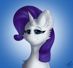 Size: 3184x2976 | Tagged: safe, artist:flapstune, rarity, pony, unicorn, g4, blue background, bust, cheek fluff, chest fluff, ear fluff, female, fluffy, high res, horn, mare, signature, simple background, smiling, solo